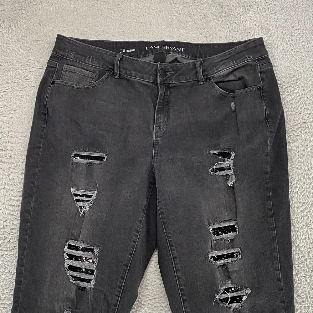 Lane Bryant Low Rise Girlfriend‎ Jeans Womens 18 Charcoal Distressed Sequin Crop